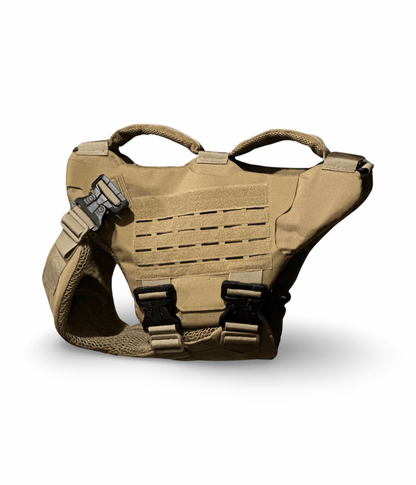 K-9 ballistic body armor vest in tan color, featuring heavy-duty buckles and laser-cut molle system.