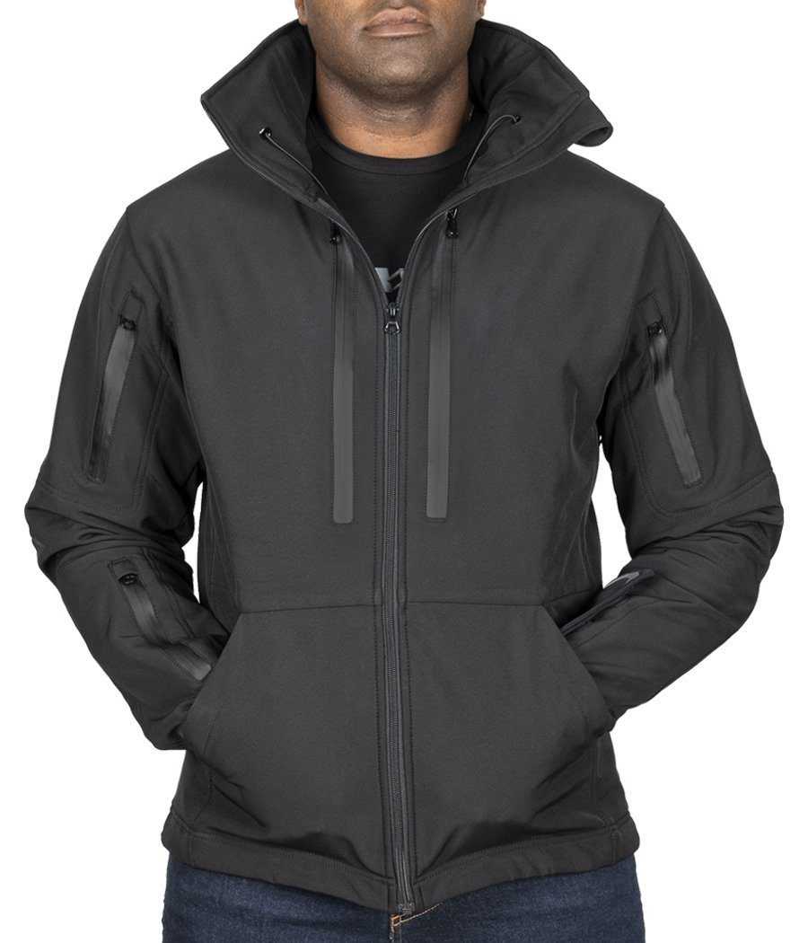 Tradecraft Tactical Jacket 2.0 in black with multiple pockets, waterproof zippers, and extended collar for protection.