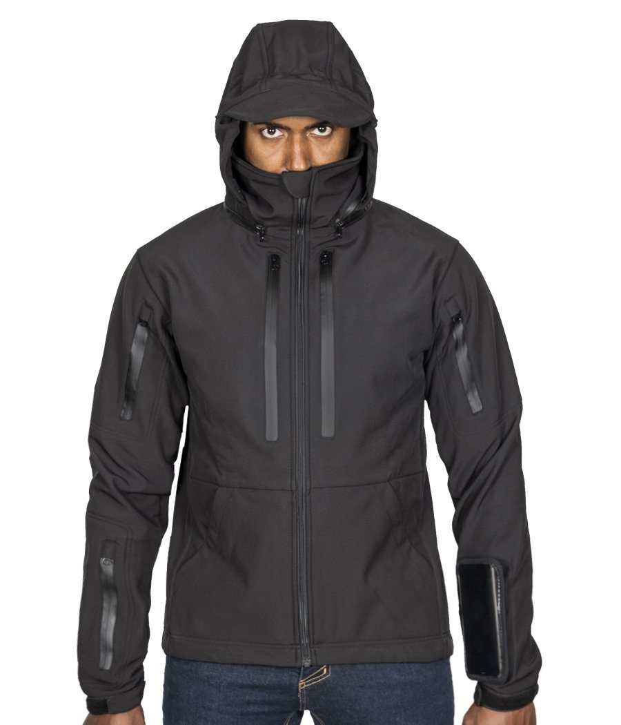 Tradecraft Tactical Jacket 2.0 with hood and waterproof zippers, shown in black, designed for safety and protection.