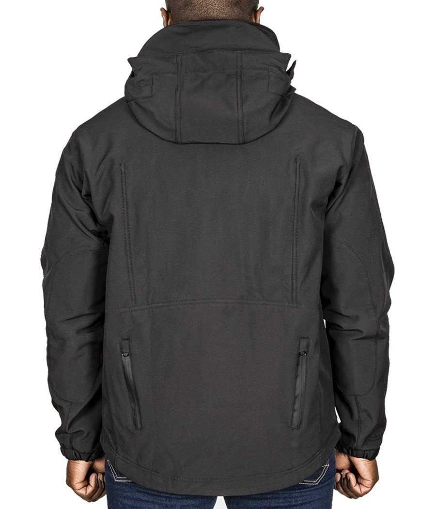 Tradecraft Tactical Jacket 2.0 with hood, back view, featuring waterproof zippers and multiple storage pockets.