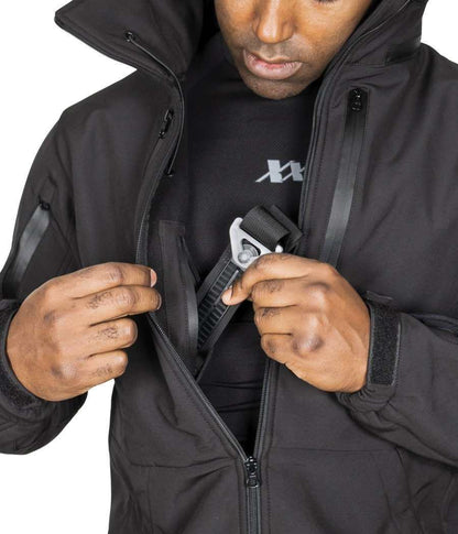 Bulletproof tactical jacket with concealed carry access and multiple pockets for personal safety and protection.