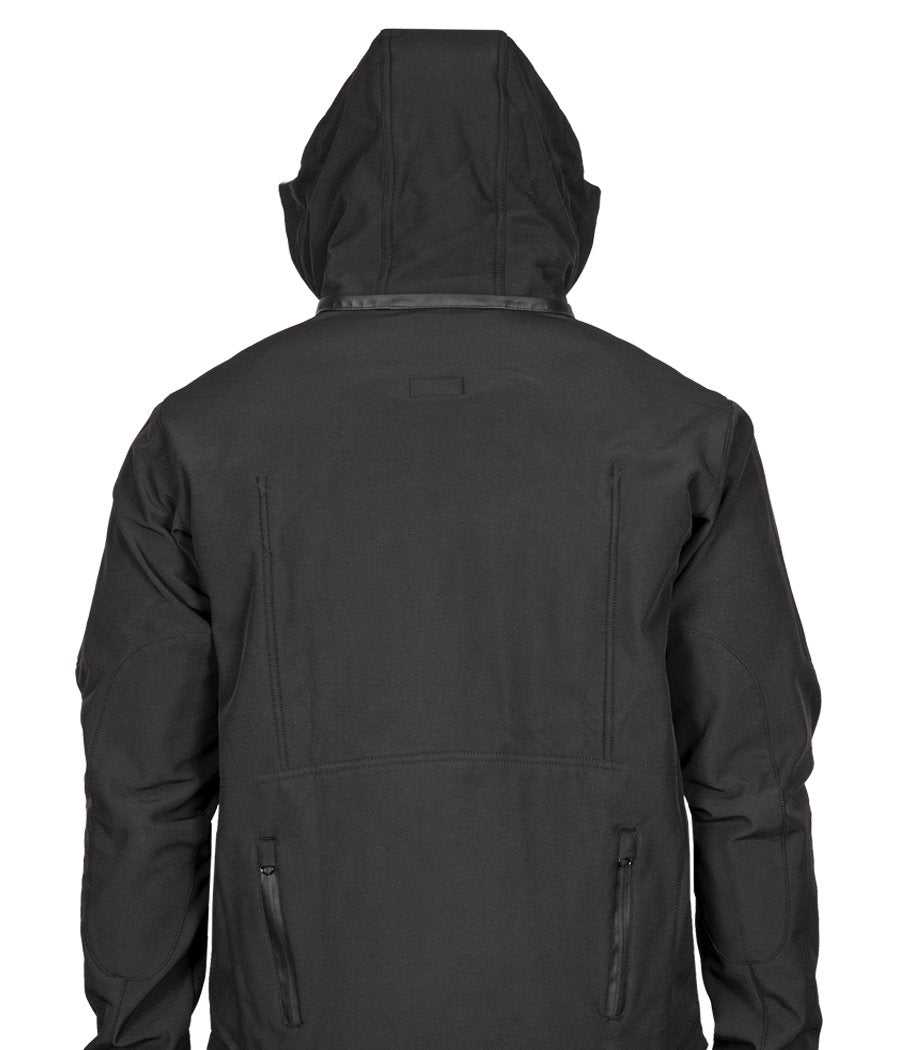 Tradecraft Tactical Jacket 2.0 with hood, back view, showcasing waterproof zippers and durable design.