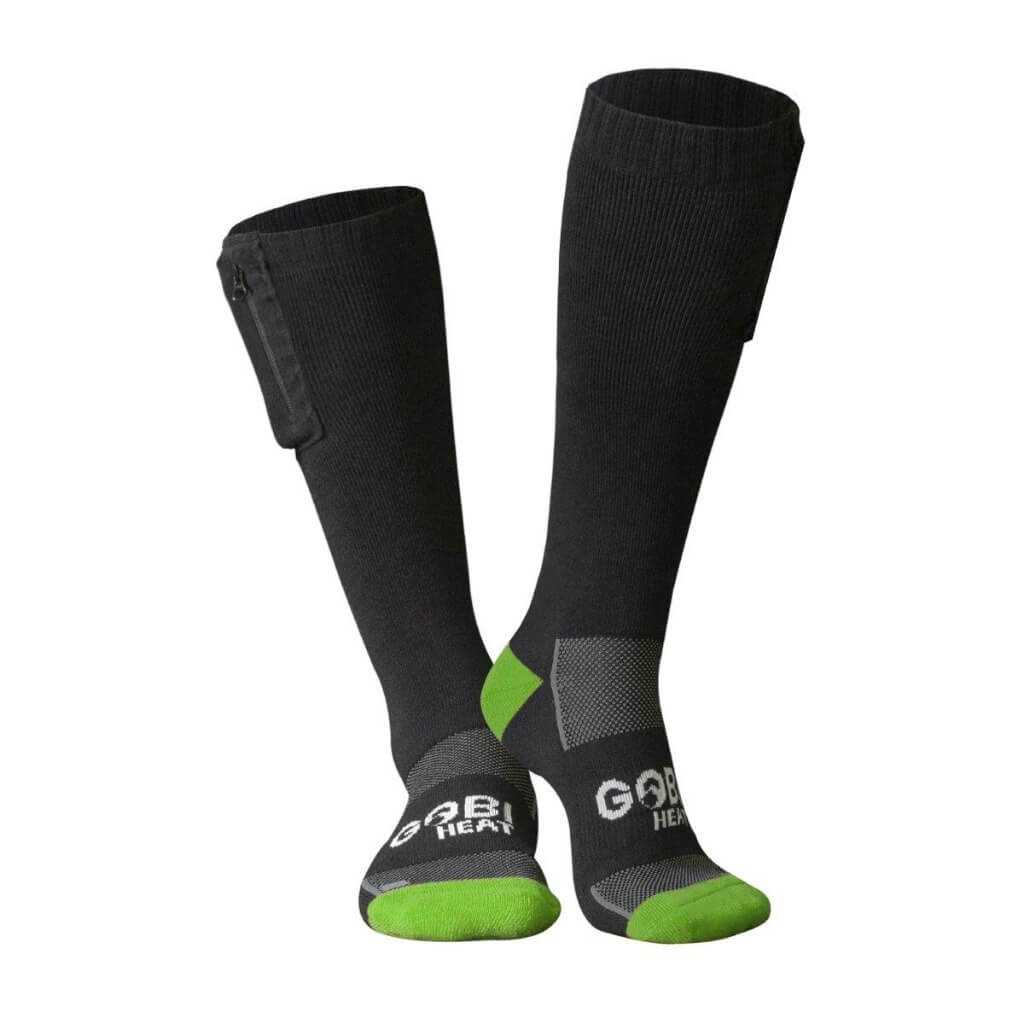 Black Tread Heated Socks with green accents, featuring advanced heating elements and remote control for adjustable warmth.