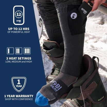 Tread Heated Socks with remote, showing heat settings and battery pack, ideal for cold weather.