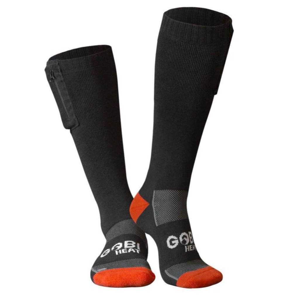 Tread Heated Socks with advanced heating, black and orange design.