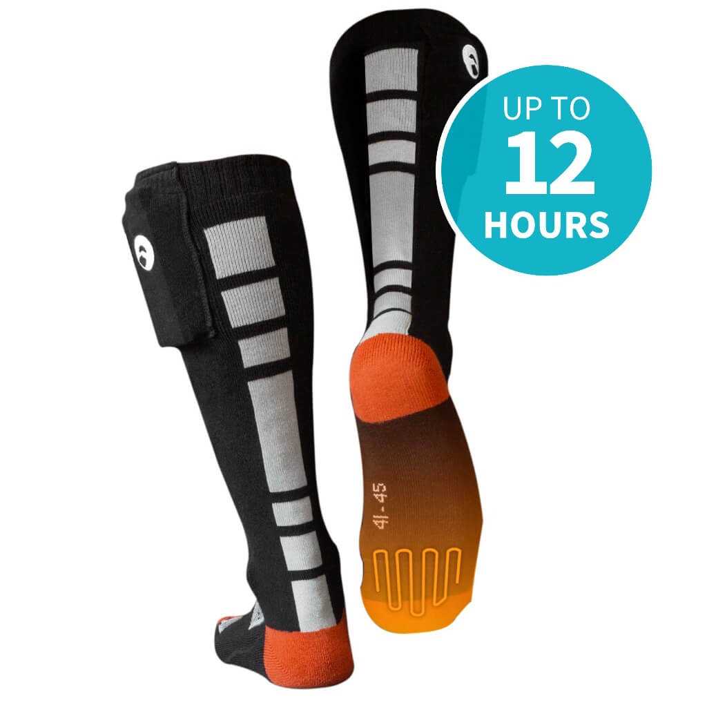 Tread Heated Socks with advanced heating, up to 12 hours warmth, adjustable settings.