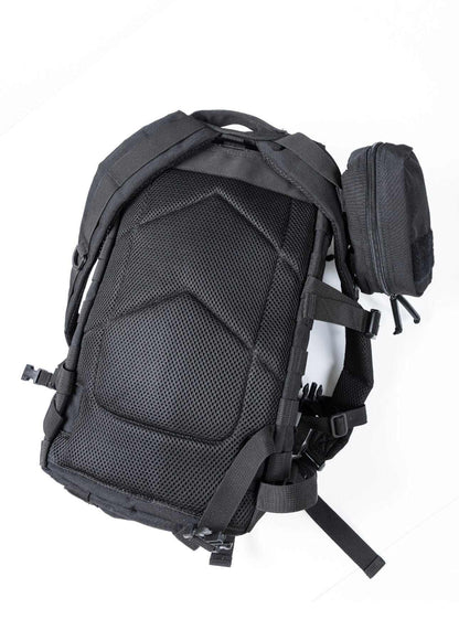 Black Ultimate Assault Backpack with detachable Molle pouch, tactical versatility.