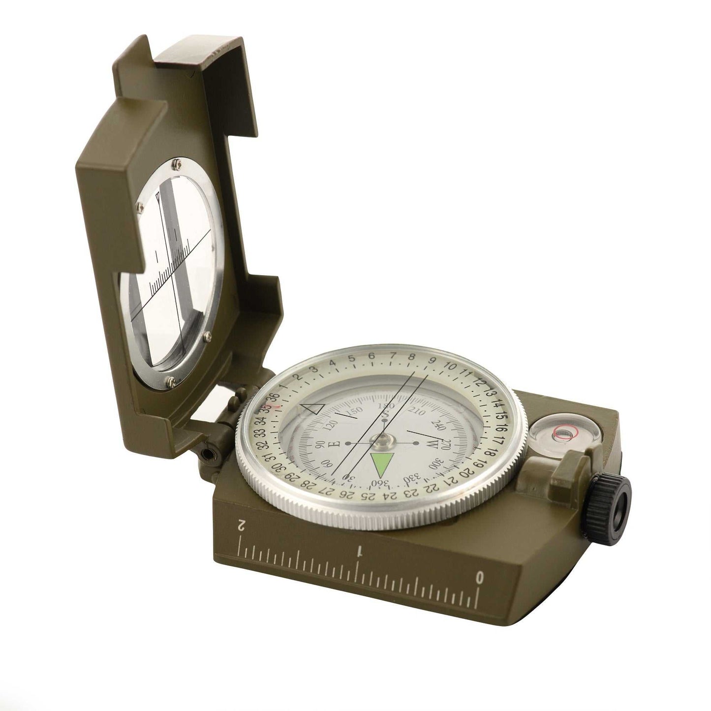 Olive M-Tac Army Compass with folding frame and sighting lens.