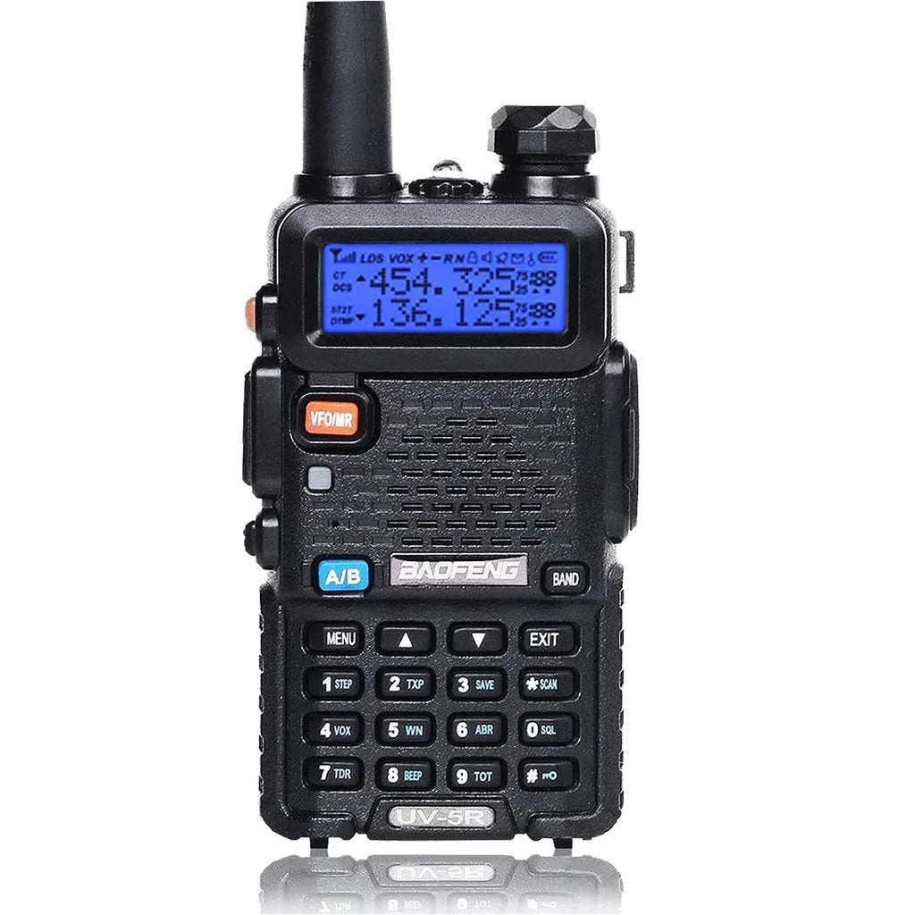 Baofeng UV5R 8 Watt Ham Radio with backlit display and accessories.