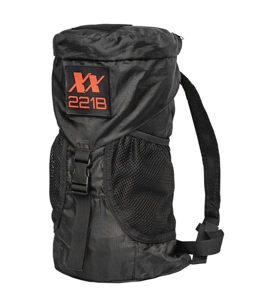 Black Venture Packable Daypack Backpack with 221B patch, ultra-compact design, and mesh pockets.