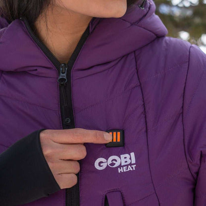 Victoria Women's Heated Coat with adjustable heat settings and hood, shown in purple.