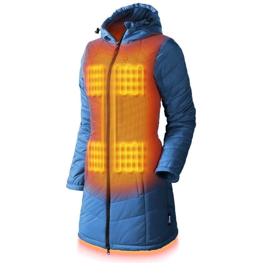 Victoria Womens Heated Coat with conductive heating elements, thigh-length design, and 9-hour battery life.