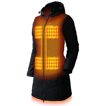 Victoria Women's Heated Coat with heating elements, black thigh-length design, and hood.