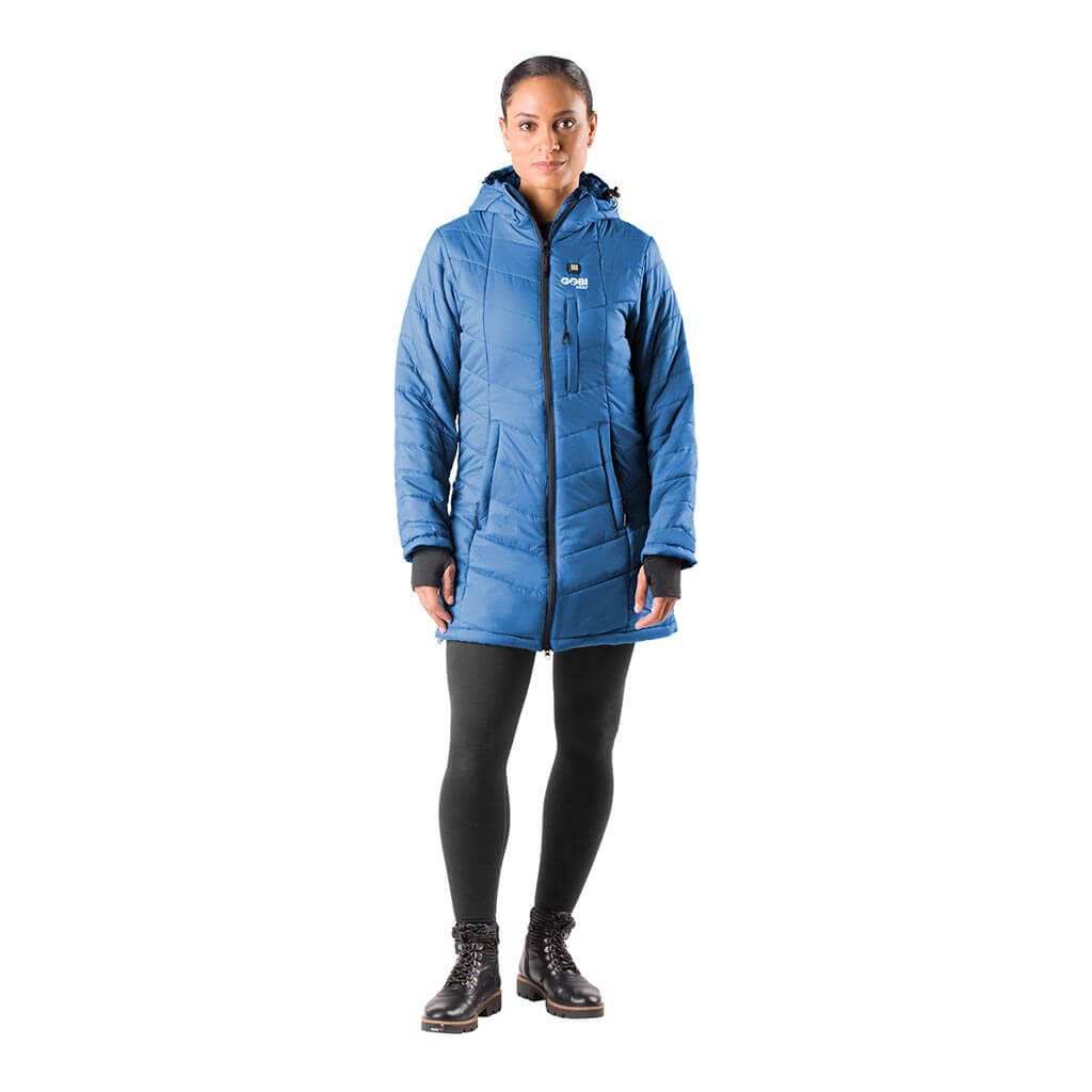 Victoria Womens Heated Coat with hood, blue nylon, thigh-length design, and adjustable heat settings.