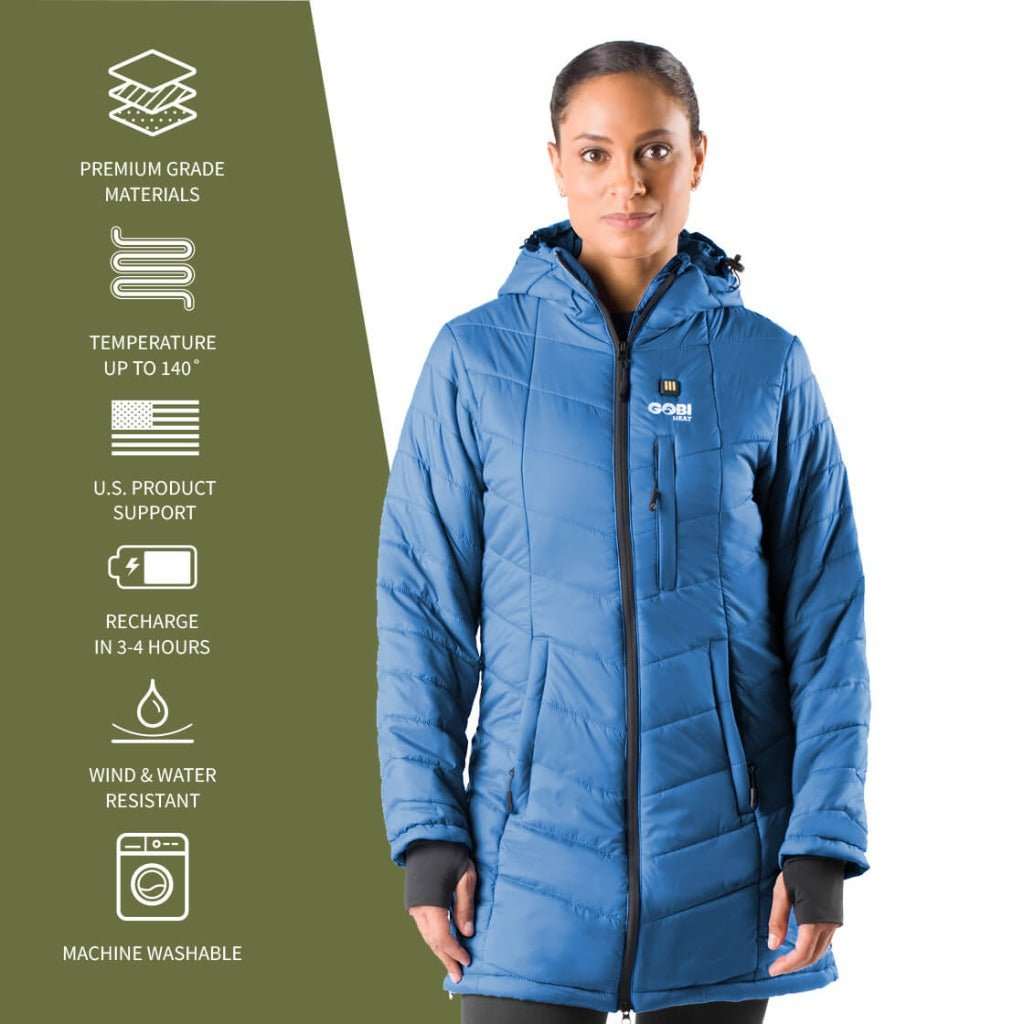 Victoria Women's Heated Coat with hood, blue color, featuring lightweight nylon, 3 heat settings, and battery for 9-hour warmth.