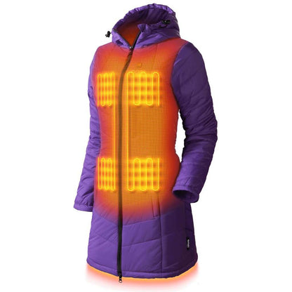 Victoria Women's Heated Coat with conductive heating elements and thigh-length design.