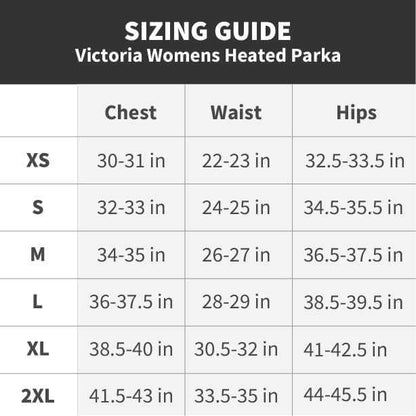 Sizing guide for Victoria Womens Heated Coat, showing measurements for chest, waist, and hips from XS to 2XL.