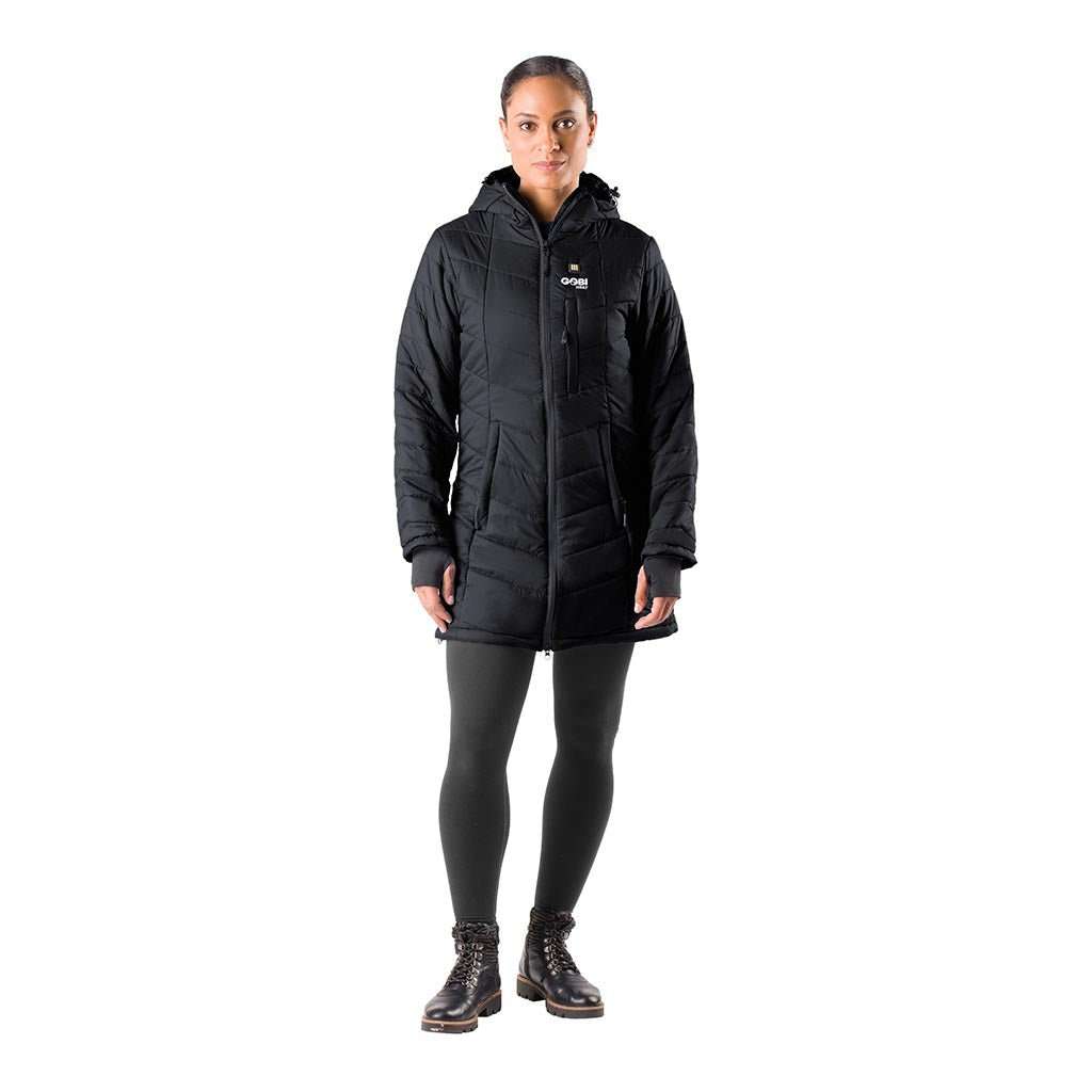 Victoria womens heated coat with thigh-length design and hood.