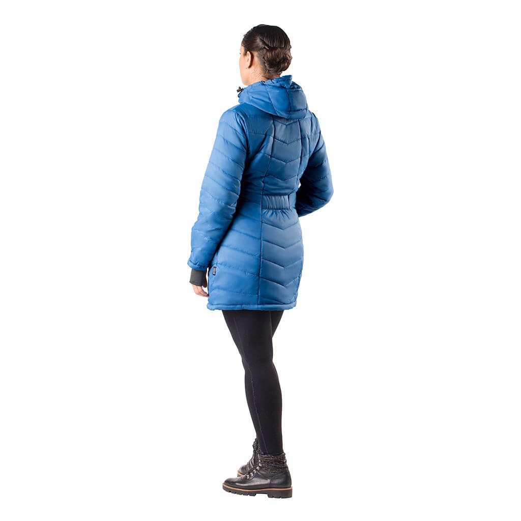 Victoria Womens Heated Coat in blue, featuring a thigh-length design with a cinchable hood and thumbcuffs for warmth and comfort.