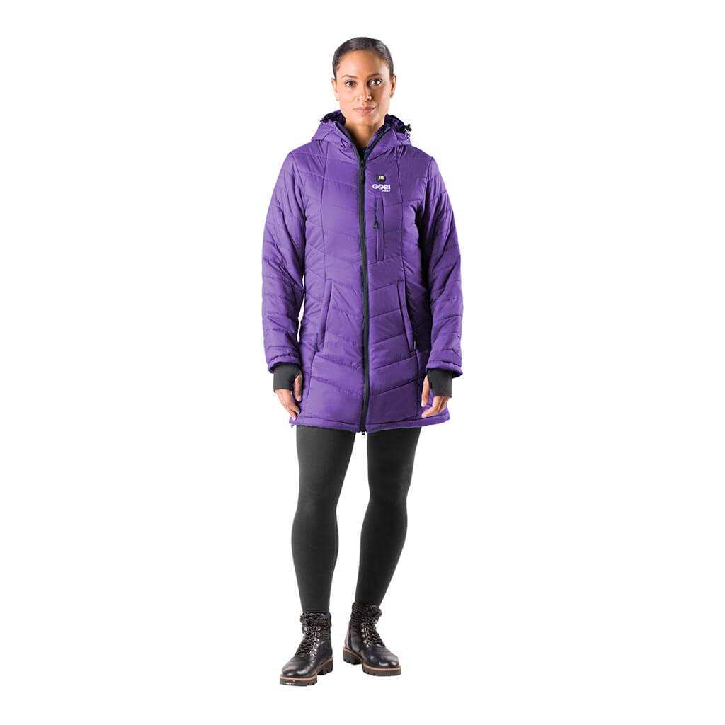 Victoria Womens Heated Coat - purple thigh-length design with hood and multiple heat settings for outdoor warmth.