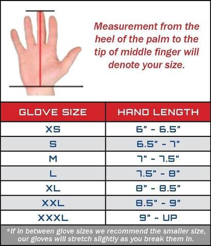 Glove size chart showing measurements from XS to XXXL with hand length in inches.