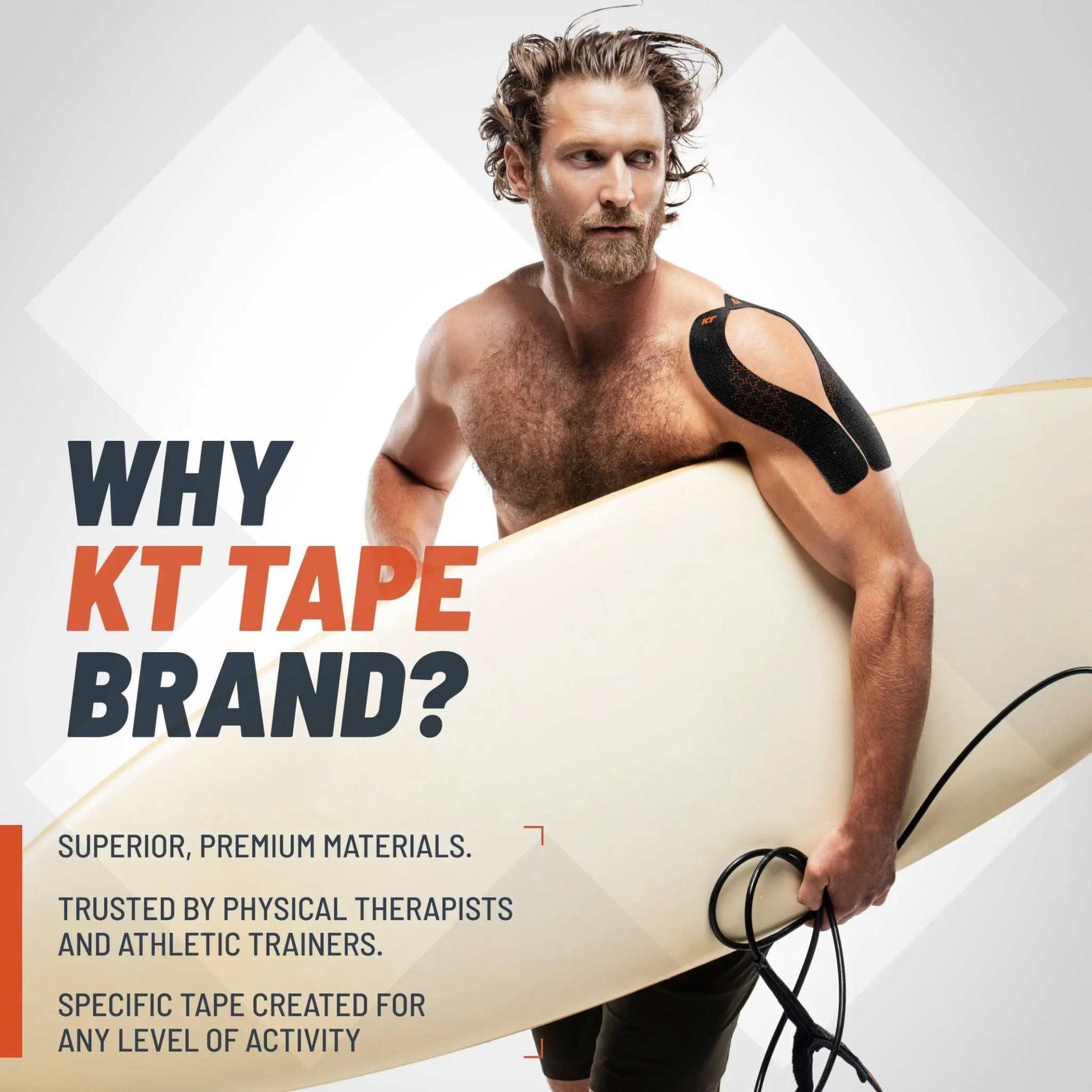 Muscular man holding surfboard with KT Tape Pro Extreme®.