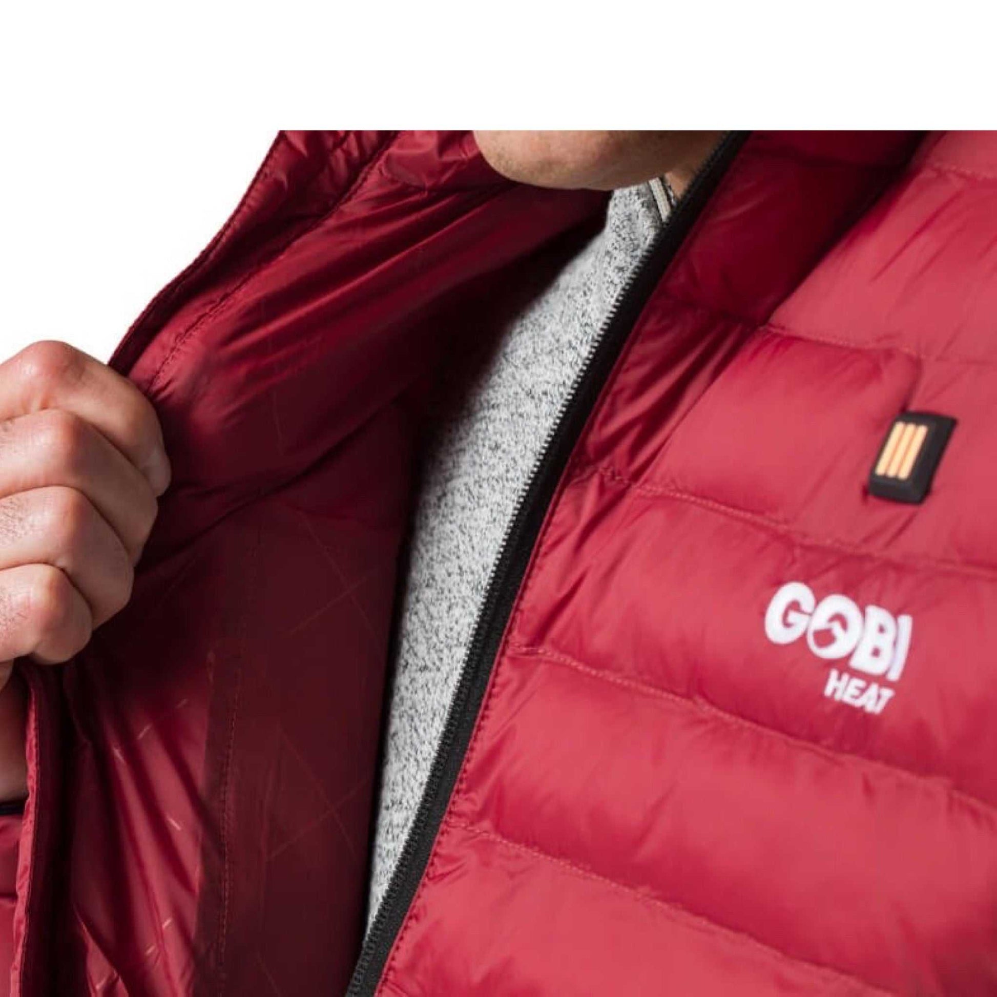 Wolf Mens Heated Jacket in red, featuring water-resistant nylon and adjustable heat settings.