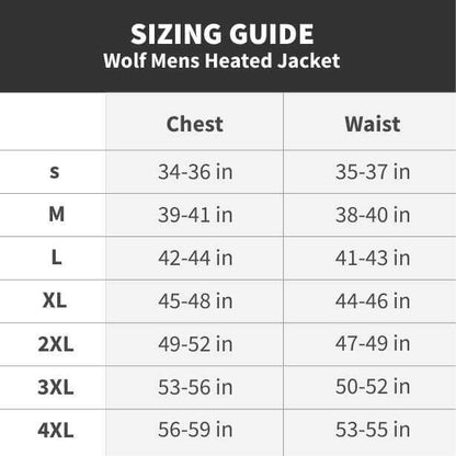 Sizing guide for Wolf Mens Heated Jacket, listing chest and waist measurements for sizes S to 4XL.