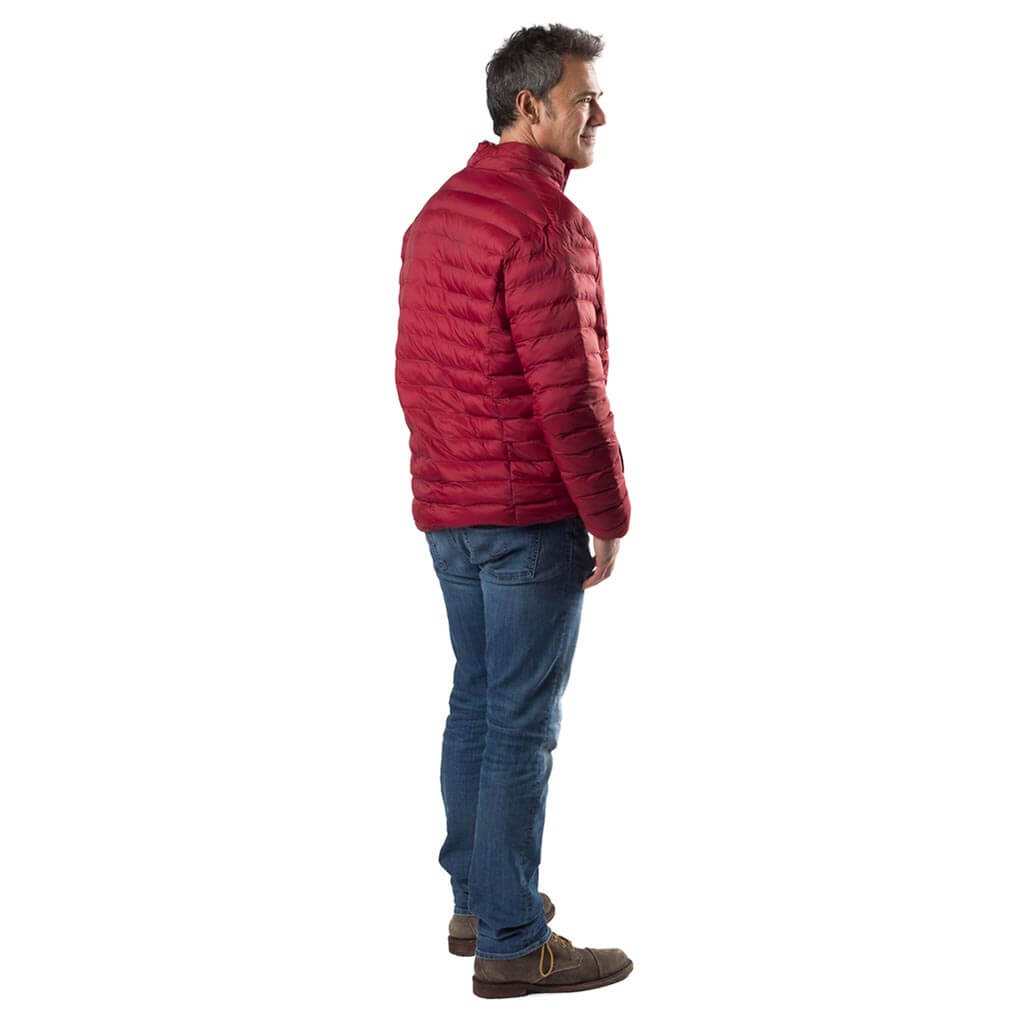 Wolf Mens Heated Jacket in red, ultra-lightweight and water-resistant, side view.