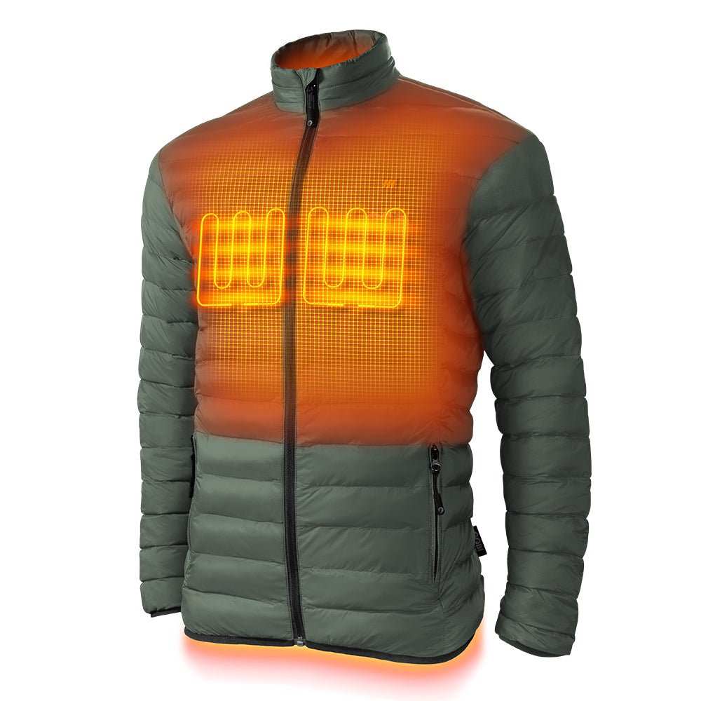 Wolf Mens Heated Jacket in green, ultra-lightweight, durable, water and wind resistant, with 3 heat settings.