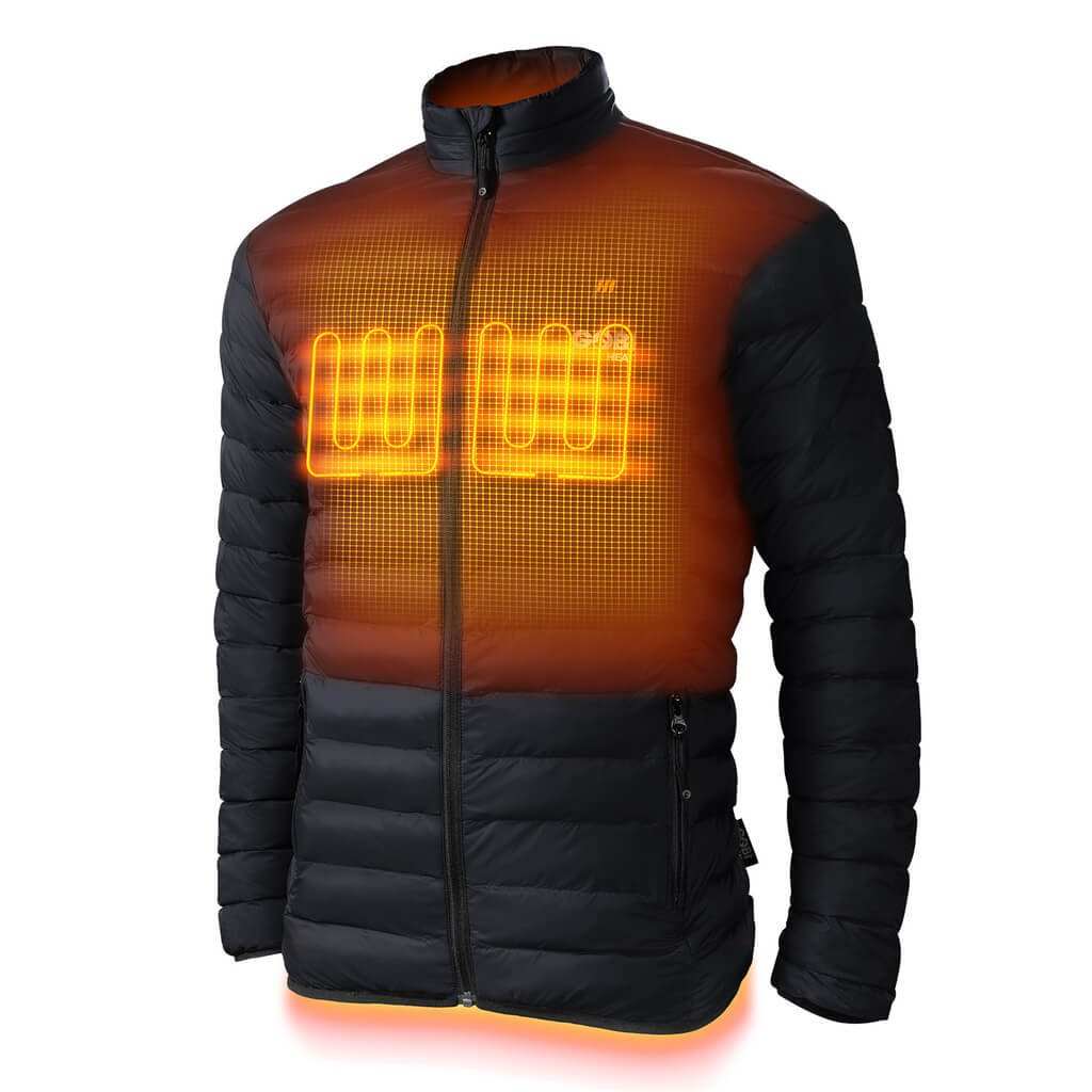 Wolf Mens Heated Jacket, ultra-lightweight, water-resistant, with 3 heat settings, shown in black.