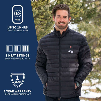 Wolf Mens Heated Jacket, ultra-lightweight and durable with 10 hours of heat, featuring 3 heat settings, water-resistant nylon, in black.