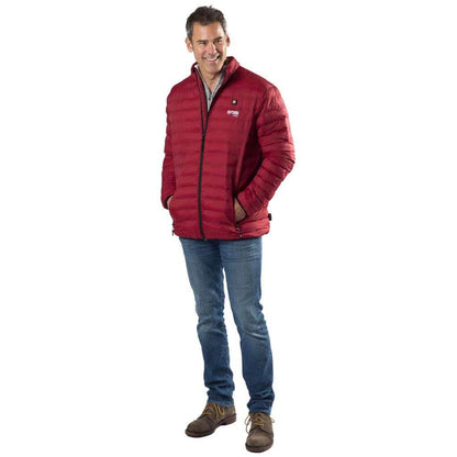 Man wearing the Wolf Mens Heated Jacket in red, showcasing its lightweight, durable design.