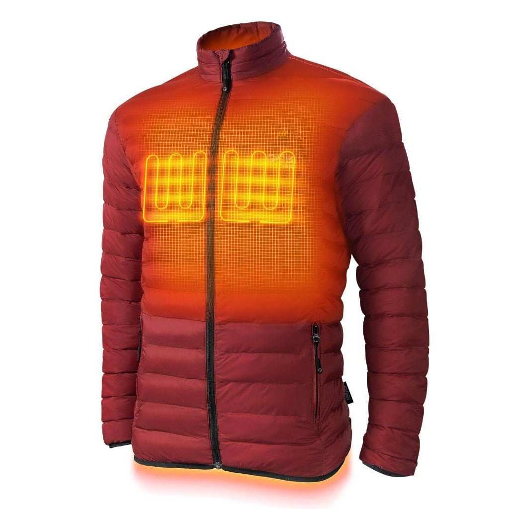 Wolf Mens Heated Jacket, ultra-lightweight, water-resistant, puffer design, red color, built-in heating with three settings.