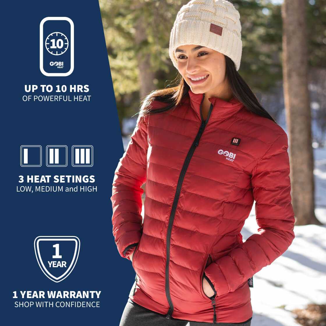 Wolf Women's Heated Jacket with up to 10 hours of heat, 3 heat settings, and 1-year warranty, shown in red with a woman in a winter setting.