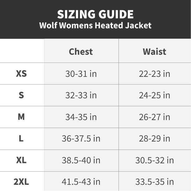 Sizing guide for Wolf Women's Heated Jacket with chest and waist measurements for sizes XS to 2XL.