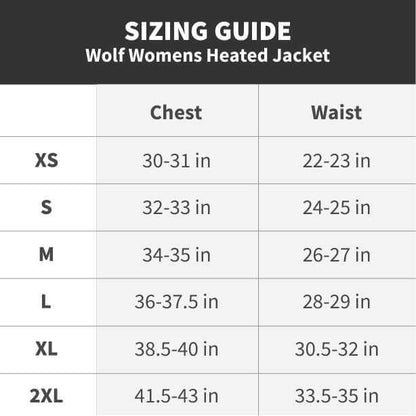 Sizing guide for Wolf Women's Heated Jacket with chest and waist measurements for sizes XS to 2XL.