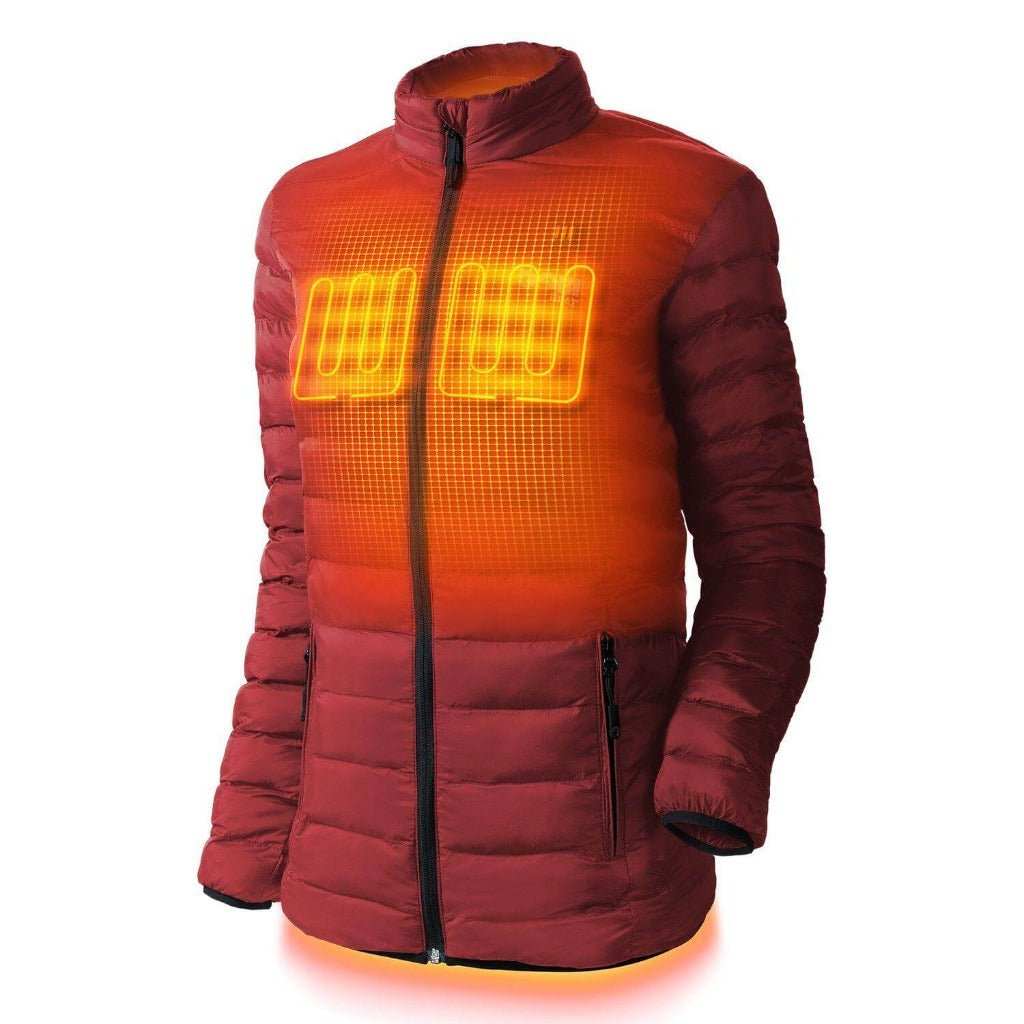 Wolf Women's Heated Jacket with 3 heating zones, durable fabric, and customizable heat settings.