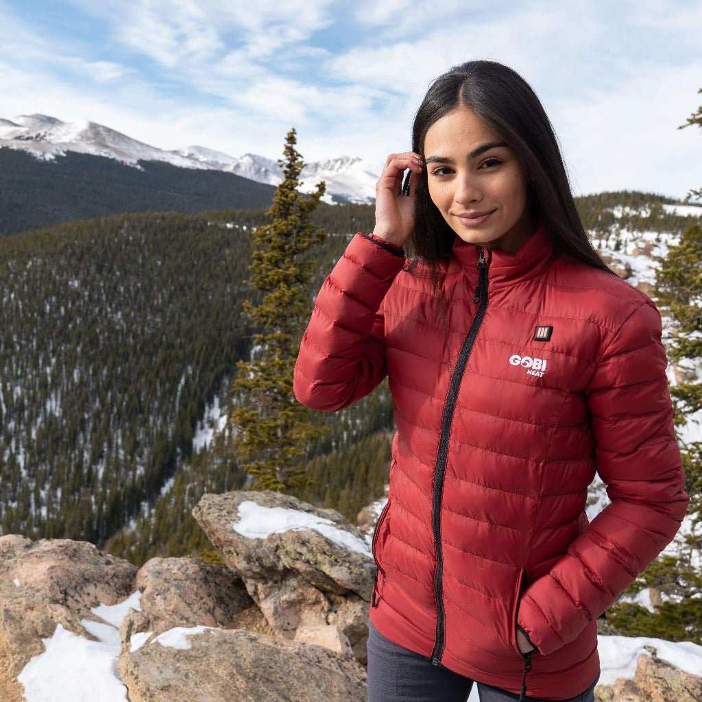 Wolf Women's Heated Jacket, red color, outdoor setting, stylish and lightweight, three heating zones.