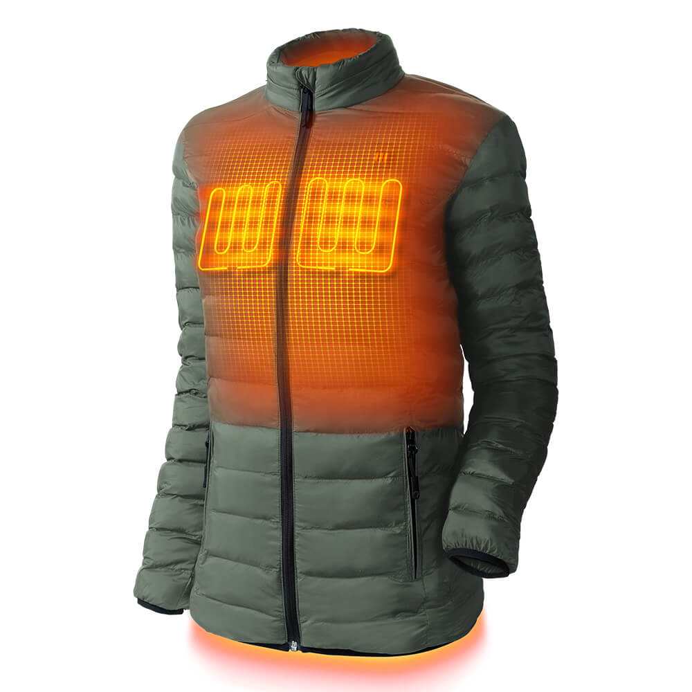 Wolf Womens Heated Jacket with heating zones, durable fabric, and customizable warmth settings.