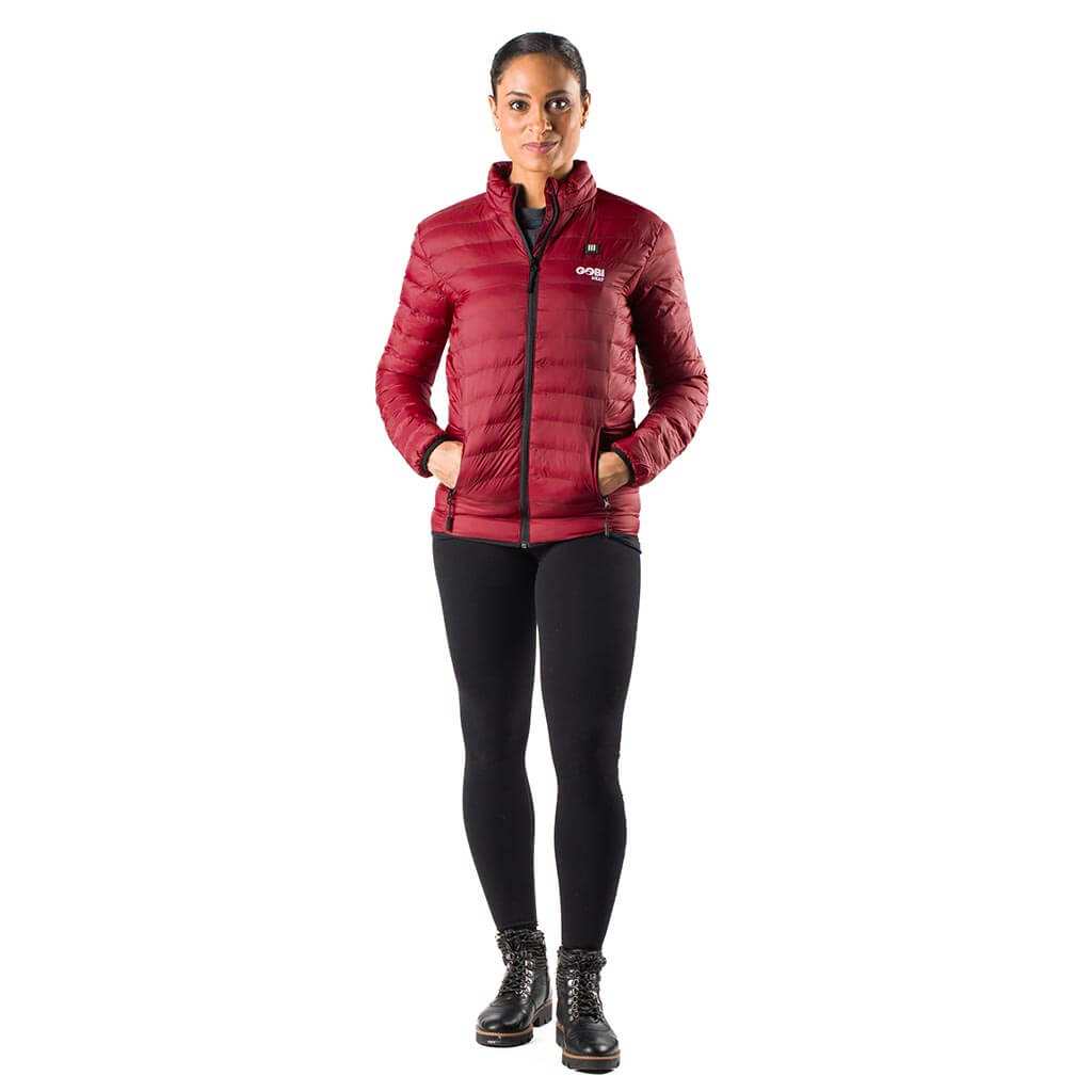 Wolf Women's Heated Jacket in red, stylish and lightweight with fast-heating technology, perfect for cold weather activities.