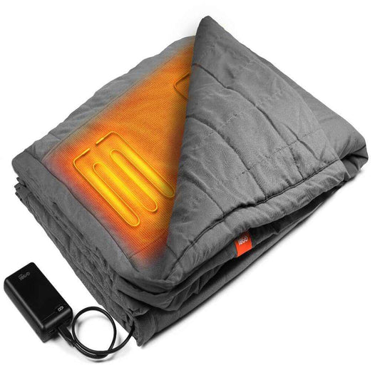 Zen Portable Heated Blanket with rechargeable feature, shown folded with visible heating element and battery pack.