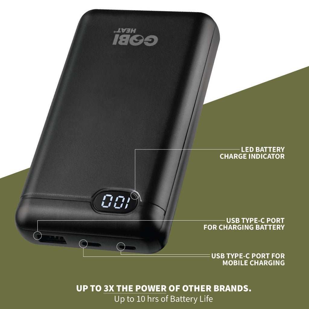 Portable power bank for Zen Portable Heated Blanket, featuring LED battery indicator and USB ports for charging, offering up to 10 hours of battery life.