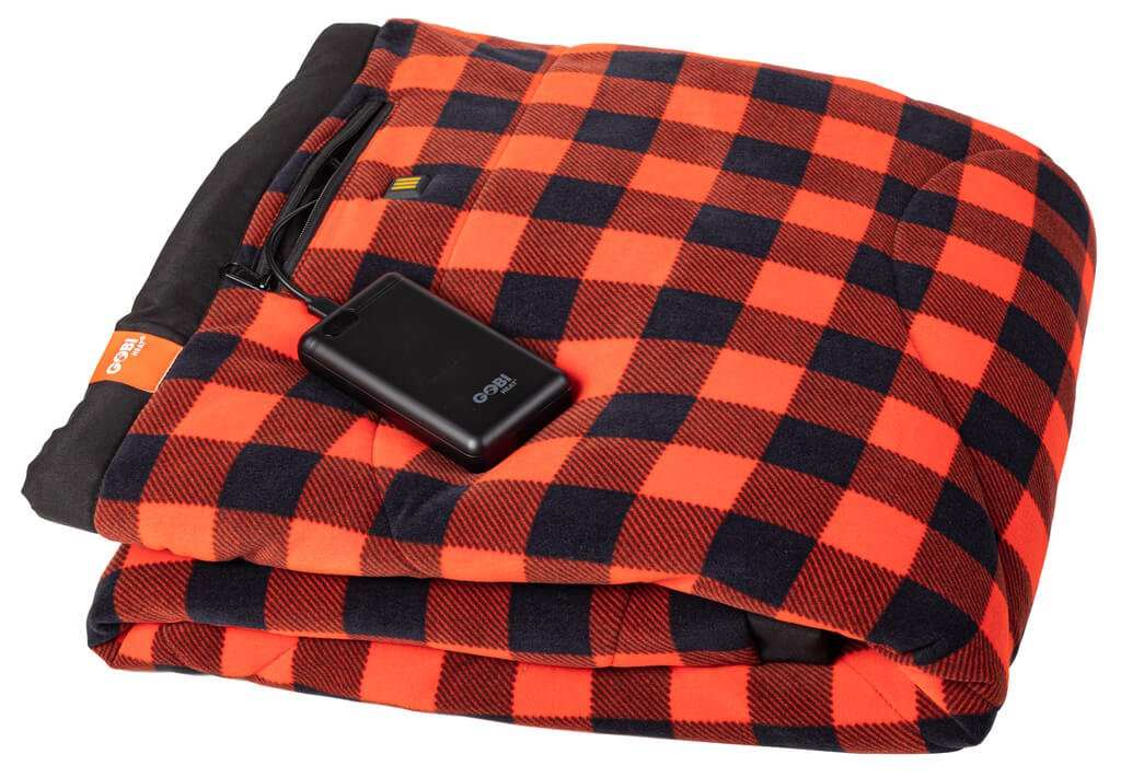 Zen Portable Heated Blanket, rechargeable and foldable for travel, featuring plaid design and detachable battery.