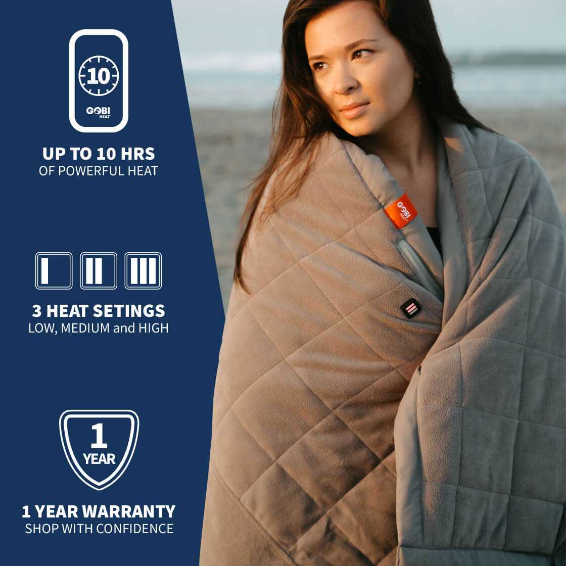 Zen Portable Heated Blanket providing warmth outdoors with up to 10 hours of heat, featuring three heat settings and a 1-year warranty.