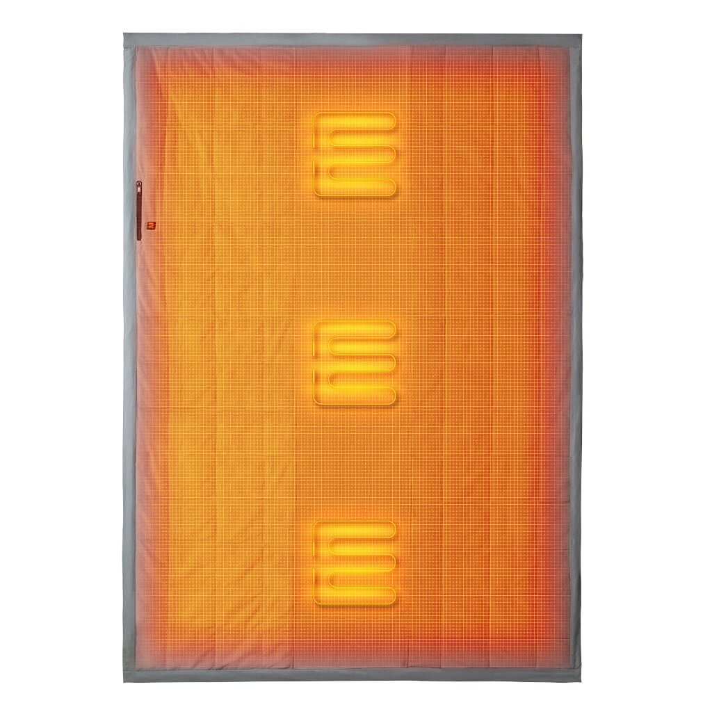 Zen Portable Heated Blanket with three-zone heat settings, displayed as glowing orange against a grey background for warmth and comfort.