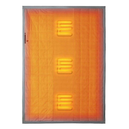 Zen Portable Heated Blanket with three-zone heat settings, displayed as glowing orange against a grey background for warmth and comfort.