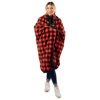 Zen Portable Heated Blanket draped over person, red and black checkered pattern.