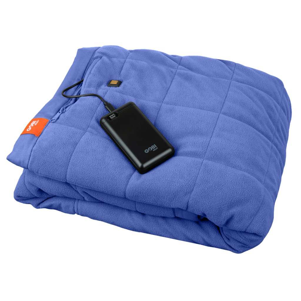 Zen Portable Heated Blanket with rechargeable battery, blue color, ideal for travel and outdoor use.