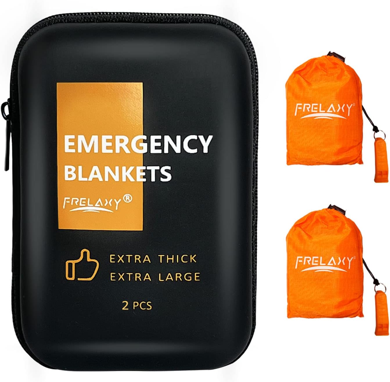 Frelaxy Emergency Blanket 2-Pack/4-Pack, Extra-Thick Extra-Large Space Blankets with Whistles, Storage Pouchs, and EVA case
